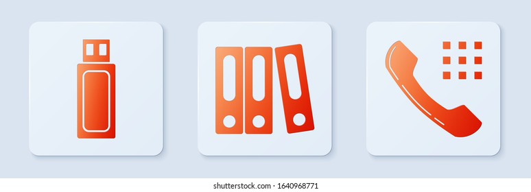 Set Office folders with papers and documents, USB flash drive and Telephone handset. White square button. Vector
