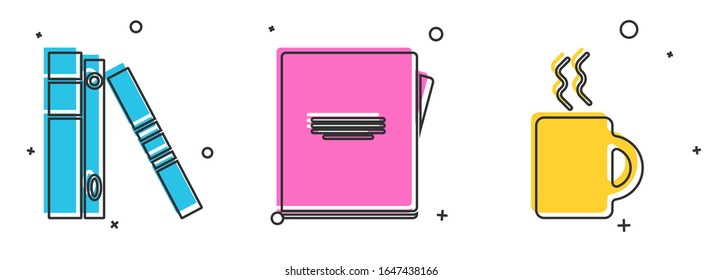 Set Office folders with papers and documents, Notebook and Coffee cup icon. Vector