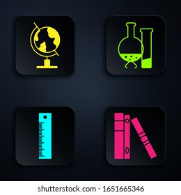 Set Office folders with papers and documents, Earth globe, Ruler and Test tube and flask chemical laboratory test. Black square button. Vector