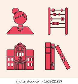 Set Office folders with papers and documents, Teacher, Abacus and School building icon. Vector