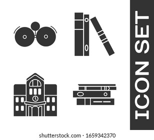 Set Office folders with papers and documents, Ringing alarm bell, School building and Office folders with papers and documents icon. Vector