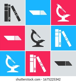Set Office folders with papers and documents, Eraser or rubber and Microscope icon. Vector