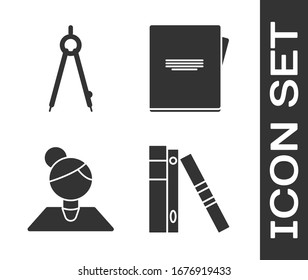 Set Office folders with papers and documents, Drawing compass, Teacher and Notebook icon. Vector