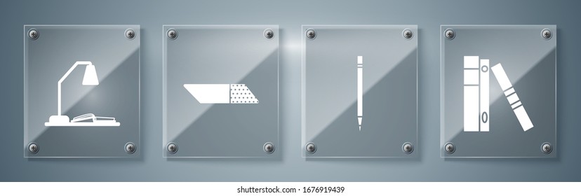 Set Office folders with papers and documents, Pencil with eraser, Eraser or rubber and Workplace with table lamp and open book. Square glass panels. Vector