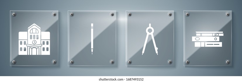 Set Office folders with papers and documents, Drawing compass, Pencil with eraser and School building. Square glass panels. Vector