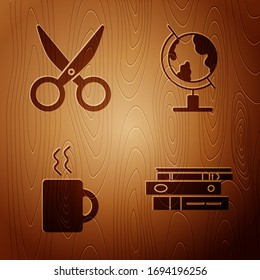 Set Office folders with papers and documents, Scissors, Coffee cup and Earth globe on wooden background. Vector