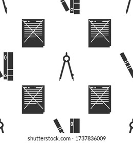 Establezca carpetas de Office con papeles y documentos, brújula de dibujo y papel de examen con respuestas incorrectas encuesta sobre patrones sin fisuras. Vector