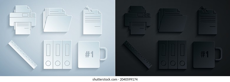 Set Office Folders With Papers And Documents, Note Pinned Pushbutton, Ruler, Coffee Cup, Document And Printer Icon. Vector