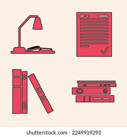 Stellen Sie Office-Ordner mit Papieren und Dokumenten ein, Workplace mit Tabellenlampe und offenem Buch, Prüfungsbogen mit Prüfzeichen und Office-Ordner mit Papieren und Dokumenten-Symbol. Vektorgrafik