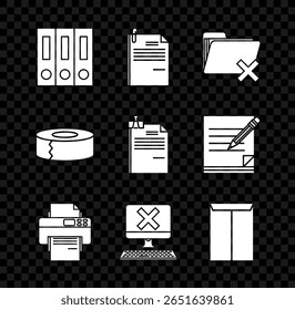 Set Office folders with papers and documents, File clip, Delete, Printer, Computer keyboard x mark, Envelope, Scotch and binder icon. Vector