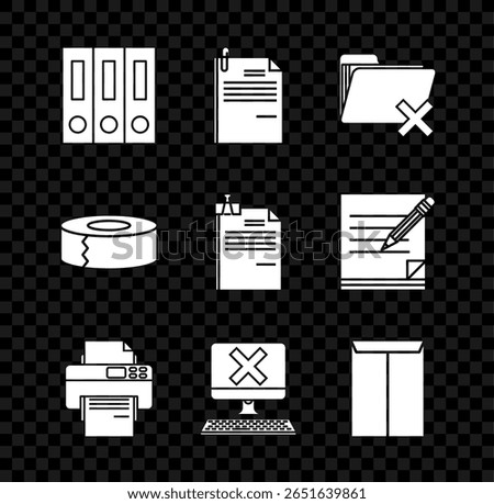 Set Office folders with papers and documents, File clip, Delete, Printer, Computer keyboard x mark, Envelope, Scotch and binder icon. Vector