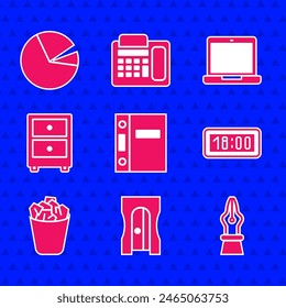 Set Office folders, Pencil sharpener, Fountain nib, Digital alarm clock, Full trash can, Drawer with documents, Laptop and Pie chart infographic icon. Vector