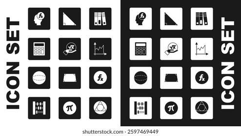 Set Office folders, Square root of x glyph, Calculator, Function mathematical symbol, Graph, schedule, chart, diagram, Triangle,  and Geometric figure Sphere icon. Vector
