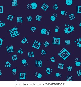 Set Office folders, Stacks paper money cash, Time is and Advertising on seamless pattern. Vector