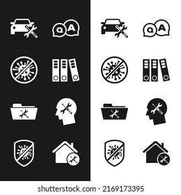 Set Office Folders, Stop Virus, Bacteria, Car Service, Question And Answer, Folder, Human Head, House And  Icon. Vector