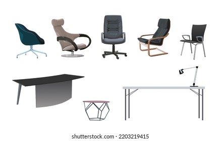 Set of office furniture - different office chairs and tables. Comfortable furniture for modern office, coworking, workspace. Vector realistic illustrations isolated on white background.