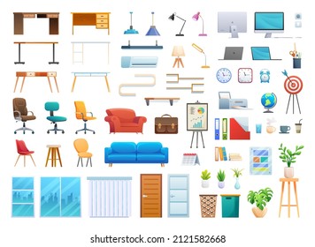 Set of office furniture and equipment cartoon illustration isolated on white background