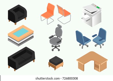 Set of office furniture and equipment for design in the style of an office interior. Isometric vector illustration.