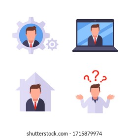 Büro einrichten. Zahnarzt. Bestätigung per Laptop. Arbeit wird gelöscht. der Mann breitet sich die Hände aus. Flache Vektorillustration mit Zeichen.