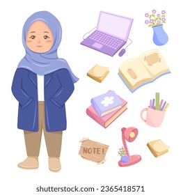 a set office girl and office equipment illustration flower computer books sicers