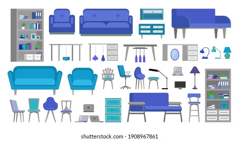 a set of office and home furniture. flat design with office furniture, laptops, decorations and other elements. vector illustration isolated on white background 