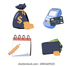 Set of office icon, Business and finance concept. Finance icon set. Containing loan, cash, saving, financial goal, profit, budget, mutual fund, earning money and revenue icons. Eps 10 Vector