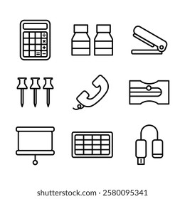 Set of office icon in outline. This set have a calculator, ink bottle, stapler, pin, sharpener and more.