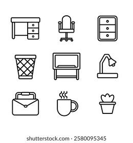 Set of office icon in outline. This set have a desk, chair, cabinet, bin,  lamp and more.