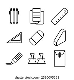 Set of office icon in outline. This set have a ruler, pen, eraser, highlighter pen and more.