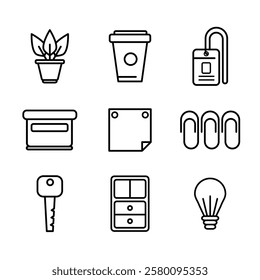 Set of office icon in outline. This set have a coffee, sticker note, cabinet, key, plant pot and more.