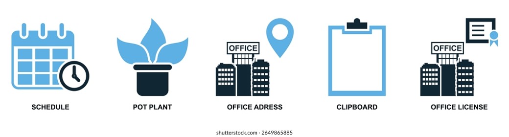 Defina o vetor de ícone do Office, uma coleção abrangente de símbolos de negócios e do espaço de trabalho. Perfeito para ilustrar ambientes corporativos, ferramentas de produtividade e tarefas administrativas.