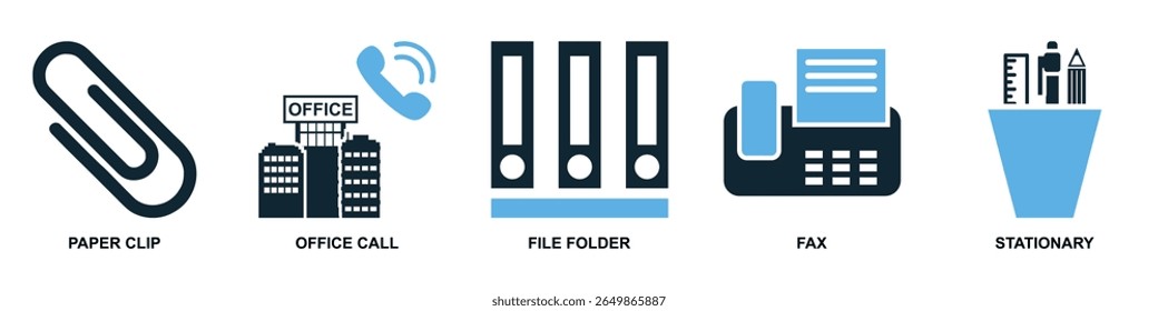 Defina o vetor de ícone do Office, uma coleção abrangente de símbolos de negócios e do espaço de trabalho. Perfeito para ilustrar ambientes corporativos, ferramentas de produtividade e tarefas administrativas.