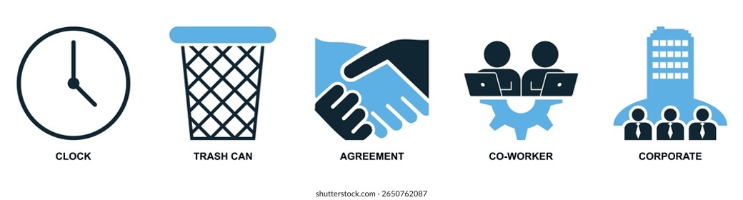 Set office icon vector, a comprehensive collection of business and workspace symbols. Perfect for illustrating corporate environments, productivity tools, and administrative tasks.