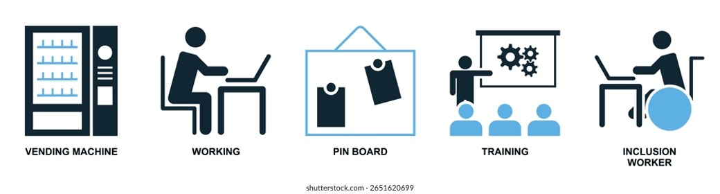 Set office icon vector, a comprehensive collection of business and workspace symbols. Perfect for illustrating corporate environments, productivity tools, and administrative tasks.