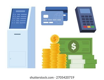 Conjunto de iconos de oficina, trabajo de negocios, dinero y concepto de finanzas. Trabajo y colección laboral. Silla, carpeta, contrato, terminal, tarjeta, idea del objetivo