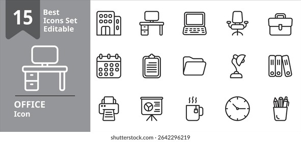 Set of Office icons. Contains briefcase, document, desk, office chair, folder, etc . Design elements for you projects.