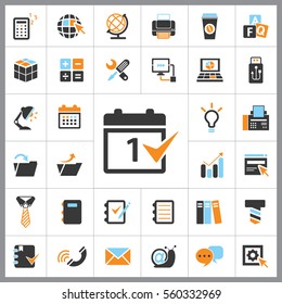 Set of Office Icons. Contains such Icons as Phone, Idea, Text, Folder, Computer, E-mail, Coffee, Calculator, Tie, Globe and more. Editable Vector. Pixel Perfect.