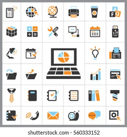 Set of Office Icons. Contains such Icons as Phone, Idea, Text, Folder, Computer, E-mail, Coffee, Calculator, Tie, Globe and more. Editable Vector. Pixel Perfect.