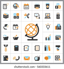 Set of Office Icons. Contains such Icons as Phone, Idea, Text, Folder, Computer, E-mail, Coffee, Calculator, Tie, Globe and more. Editable Vector. Pixel Perfect.