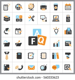 Set of Office Icons. Contains such Icons as Phone, Idea, Text, Folder, Computer, E-mail, Coffee, Calculator, Tie, Globe and more. Editable Vector. Pixel Perfect.