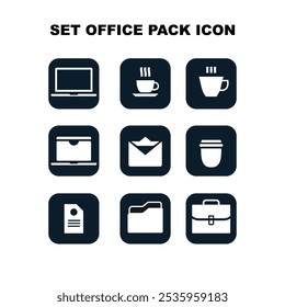 Conjunto de iconos de oficina con café, computadora portátil y maletín