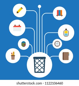 Set of office icons flat style symbols with calculator, pencil stand, calendar icons for your web mobile app logo design.