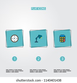 Set of office icons flat style symbols with table lamp, calculator, wall clock and other icons for your web mobile app logo design.