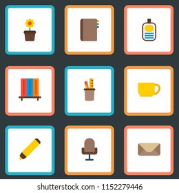 Set of office icons flat style symbols with bookshelf, id badge, pencil stand icons for your web mobile app logo design.