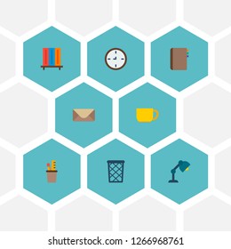 Set of office icons flat style symbols with wastebasket, pencil stand, cup icons for your web mobile app logo design.