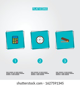Set of office icons flat style symbols with calculator, stapler, wall clock and other icons for your web mobile app logo design.