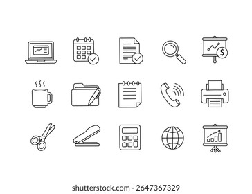 Um conjunto de ícones de escritório incluindo um laptop, um telefone, uma calculadora, um copo, uma caneta