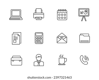 Set of office icons in linear style on white background