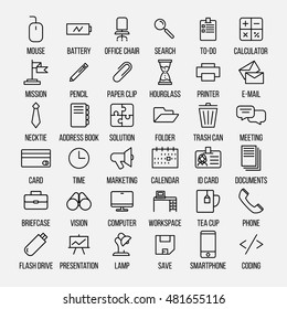 Set of office icons in modern thin line style. High quality black outline business symbols for web site design and mobile apps. Simple linear office pictograms on a white background.