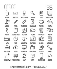 Set of office icons in modern thin line style. High quality black outline business symbols for web site design and mobile apps. Simple linear office pictograms on a white background.